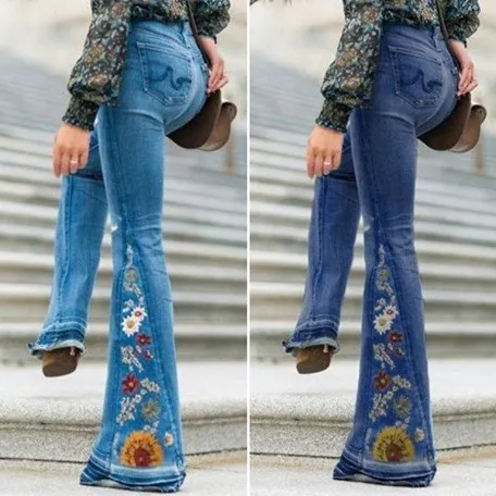 Embroidered Stretchy Bell-bottoms Jeans