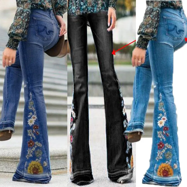 Embroidered Stretchy Bell-bottoms Jeans