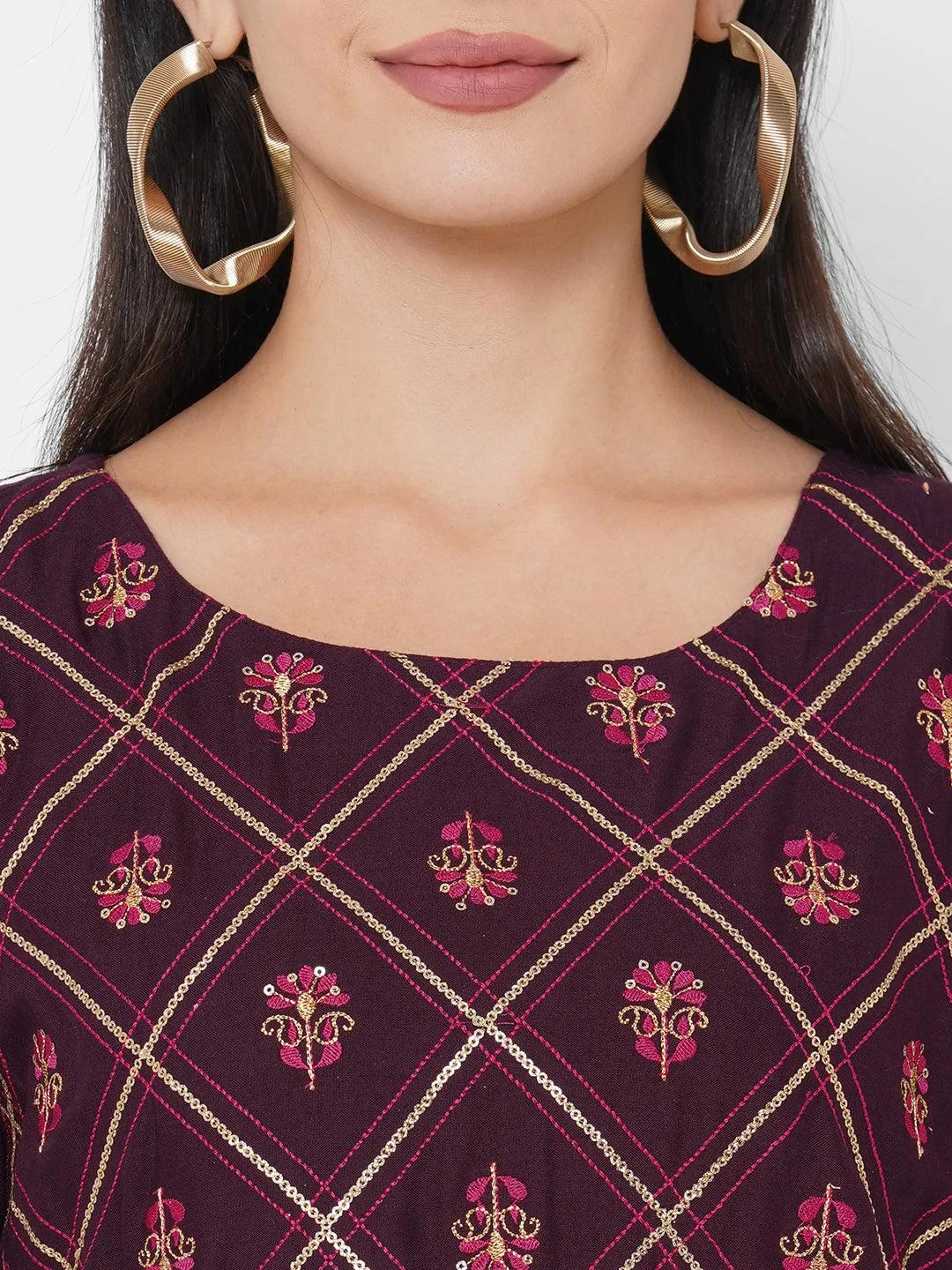 Ethnic & Floral Mix Embroidered A-Line Maxi Dress - Burgundy