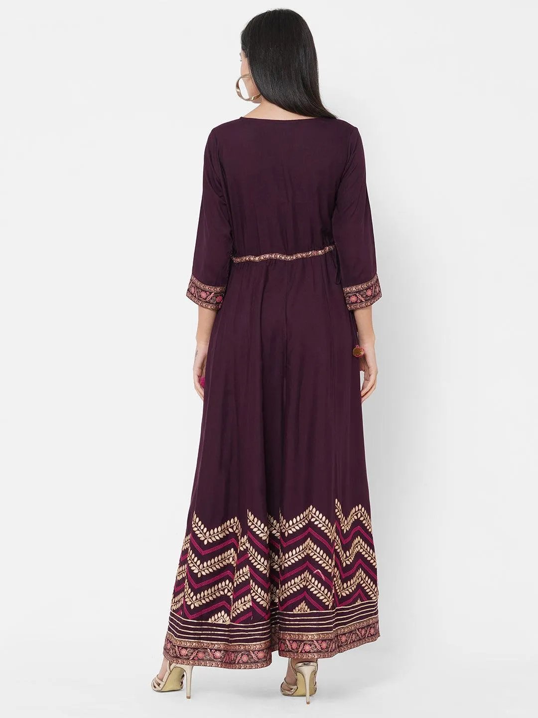 Ethnic & Floral Mix Embroidered A-Line Maxi Dress - Burgundy