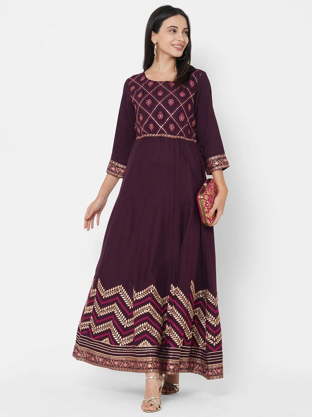 Ethnic & Floral Mix Embroidered A-Line Maxi Dress - Burgundy