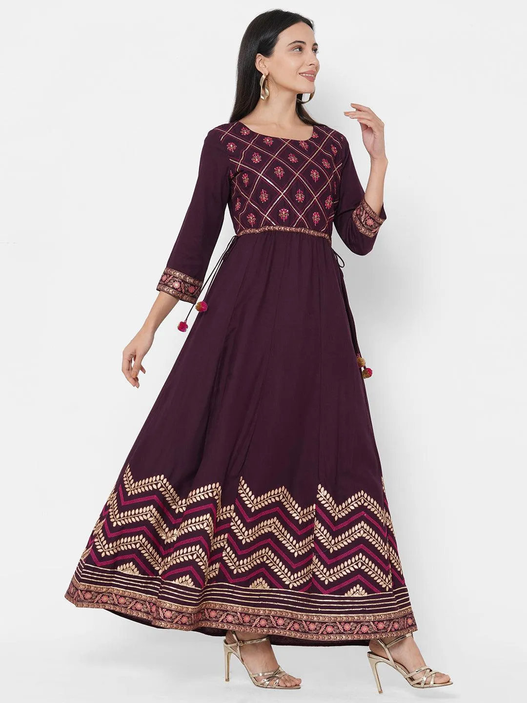 Ethnic & Floral Mix Embroidered A-Line Maxi Dress - Burgundy