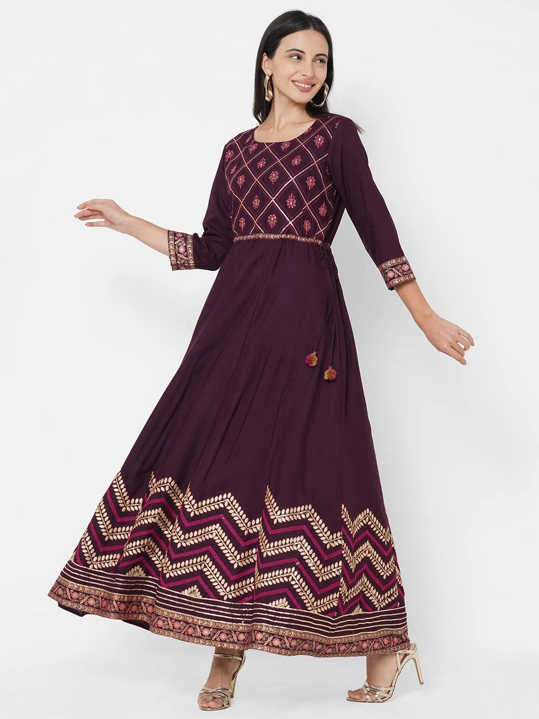 Ethnic & Floral Mix Embroidered A-Line Maxi Dress - Burgundy