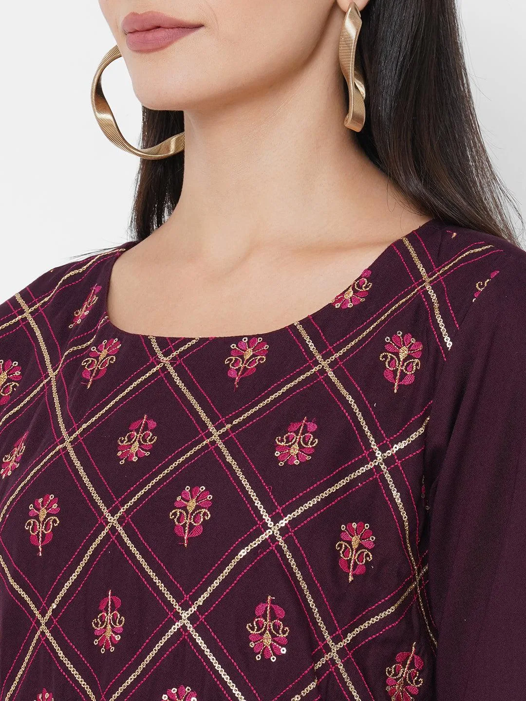 Ethnic & Floral Mix Embroidered A-Line Maxi Dress - Burgundy