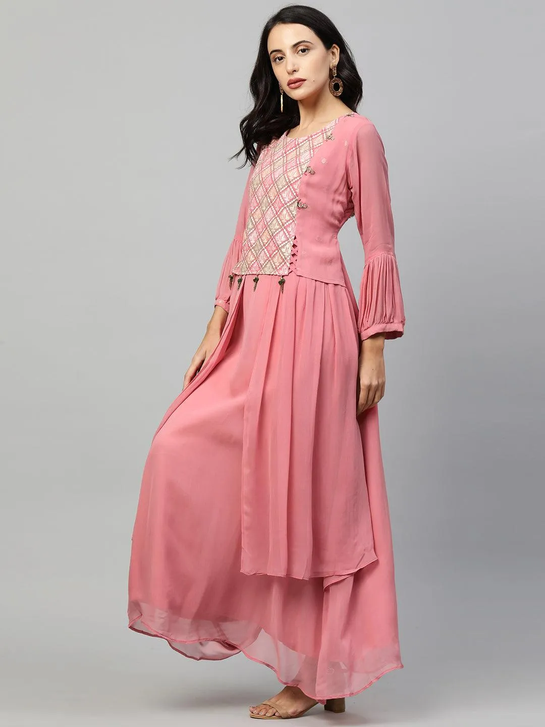 Ethnic Embroidered Layered Flare Maxi Dress - Blush Pink