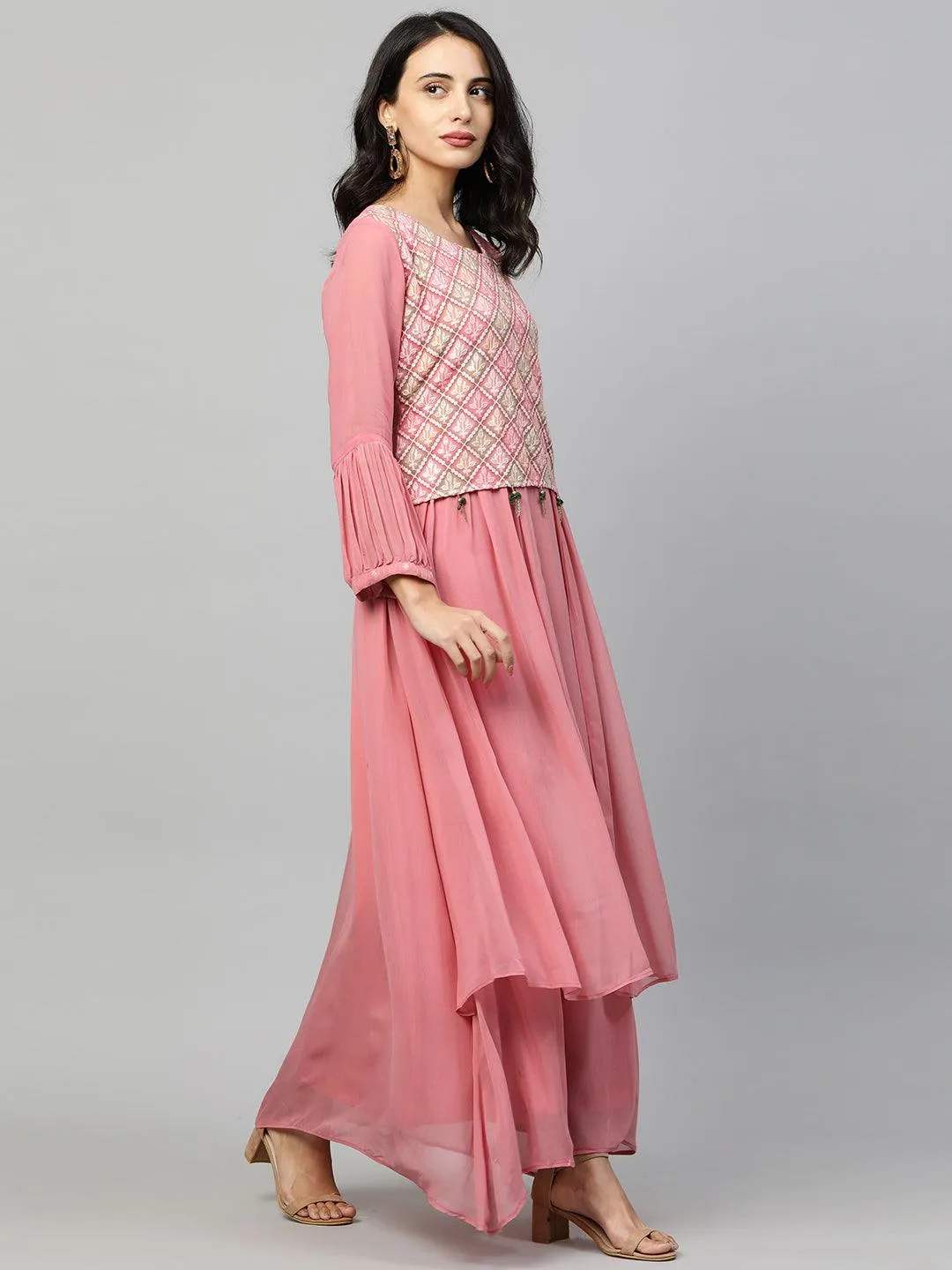 Ethnic Embroidered Layered Flare Maxi Dress - Blush Pink