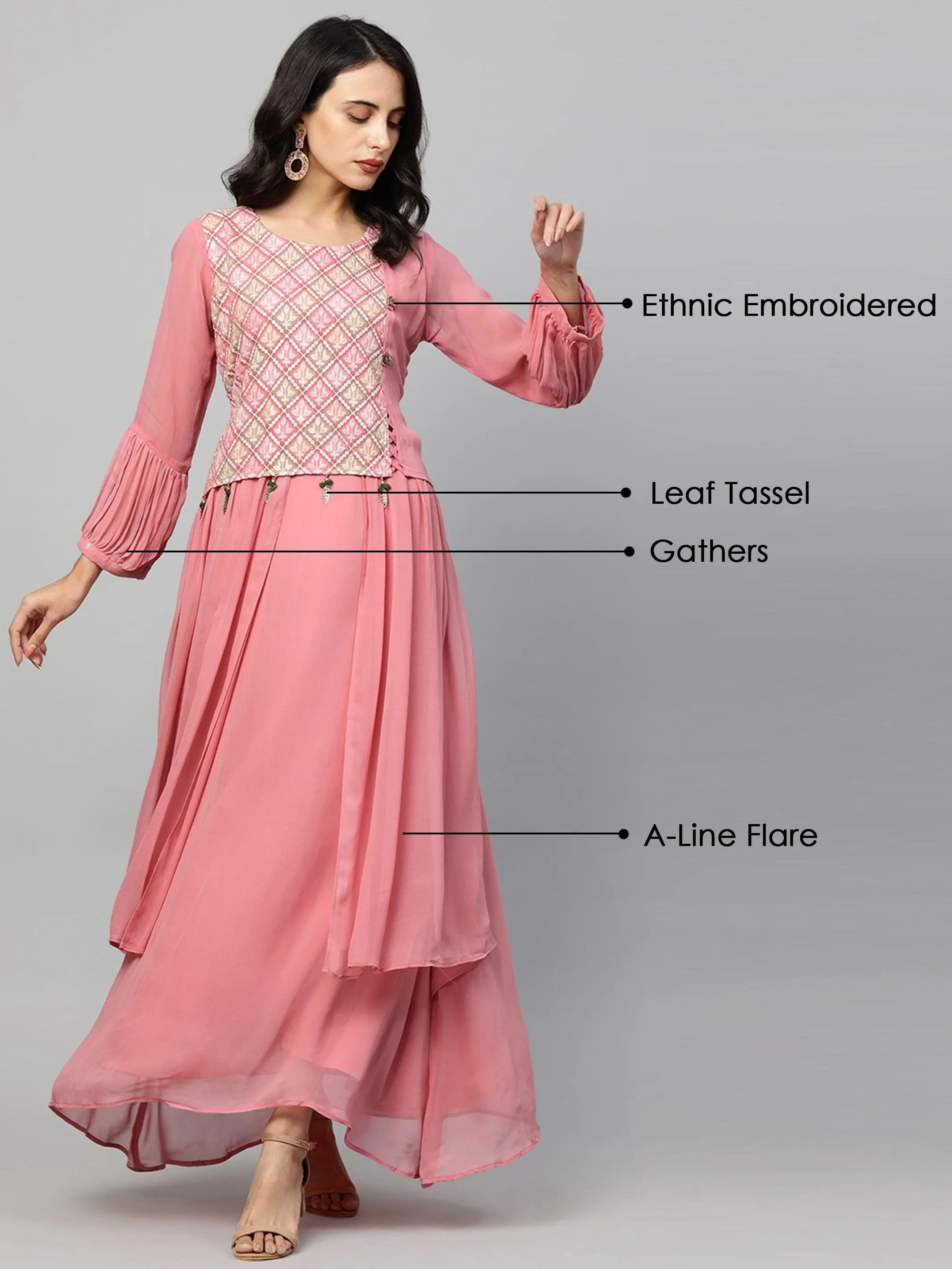 Ethnic Embroidered Layered Flare Maxi Dress - Blush Pink