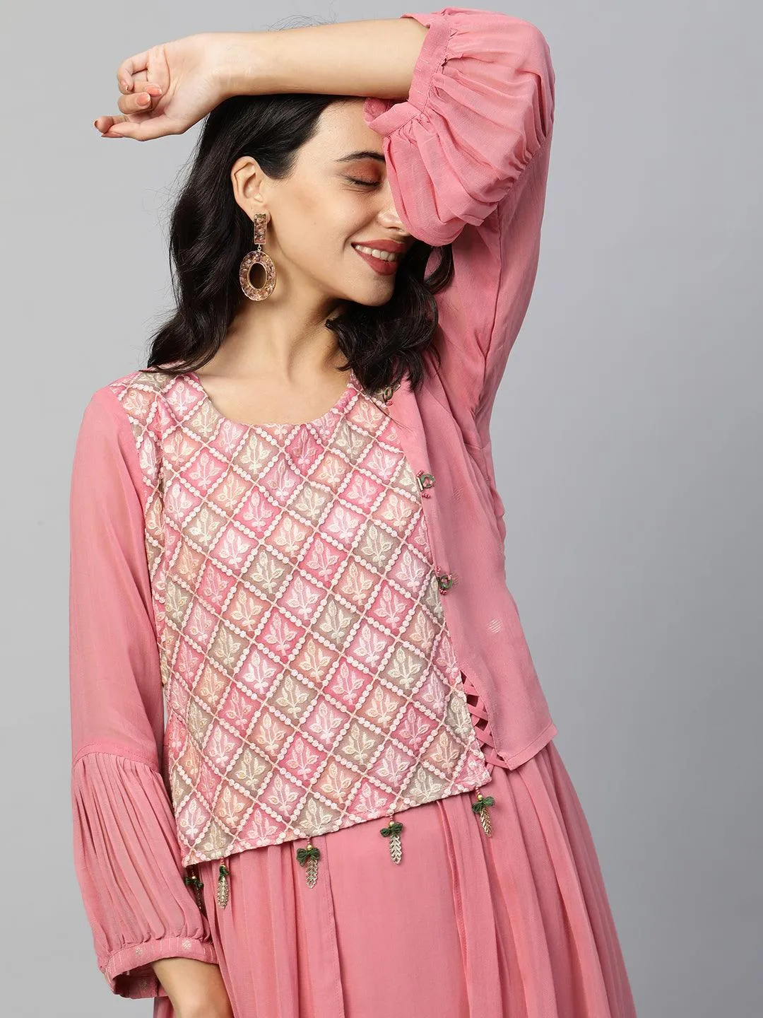 Ethnic Embroidered Layered Flare Maxi Dress - Blush Pink