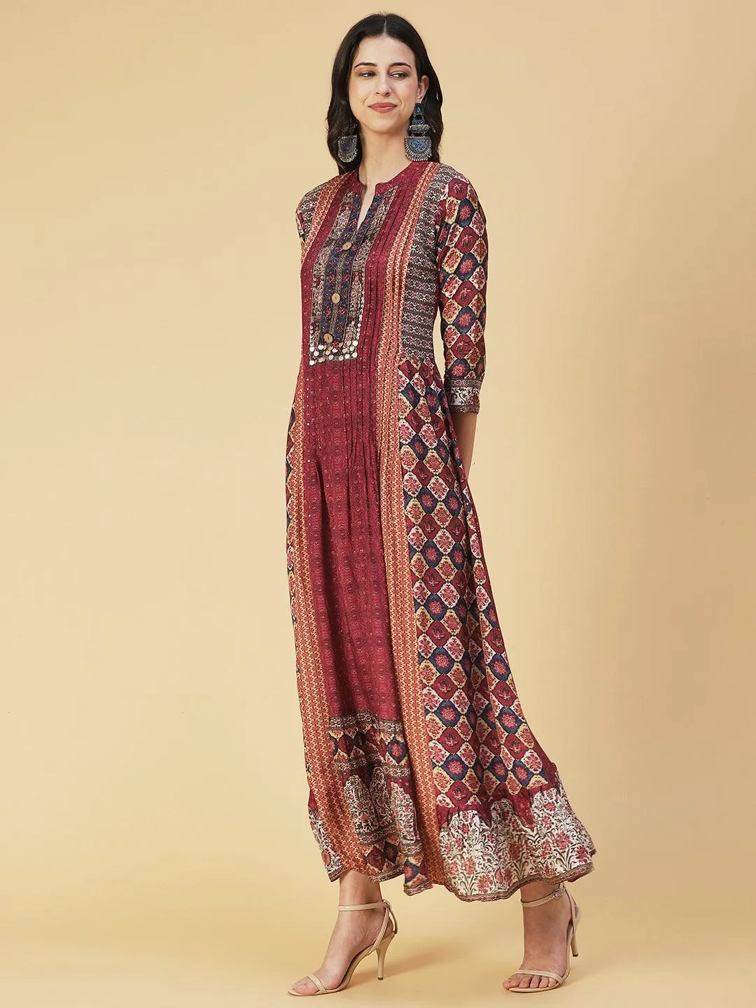 Ethnic Floral Printed & Embroidered A-Line Maxi Dress - Multi