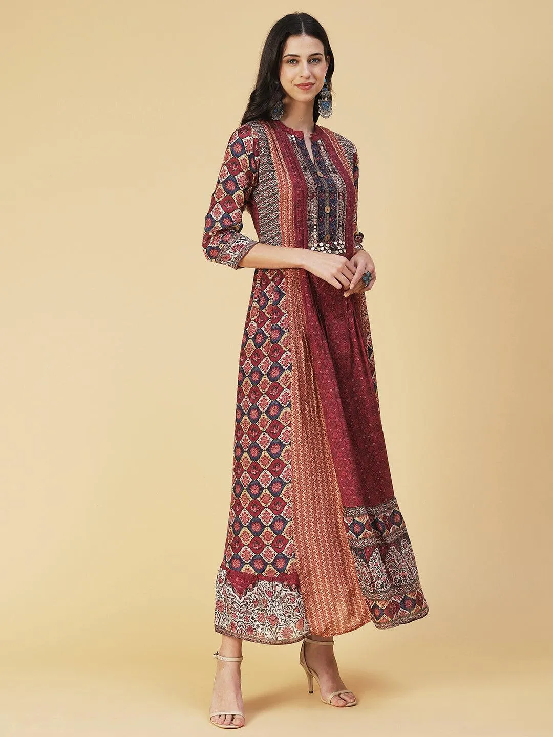 Ethnic Floral Printed & Embroidered A-Line Maxi Dress - Multi