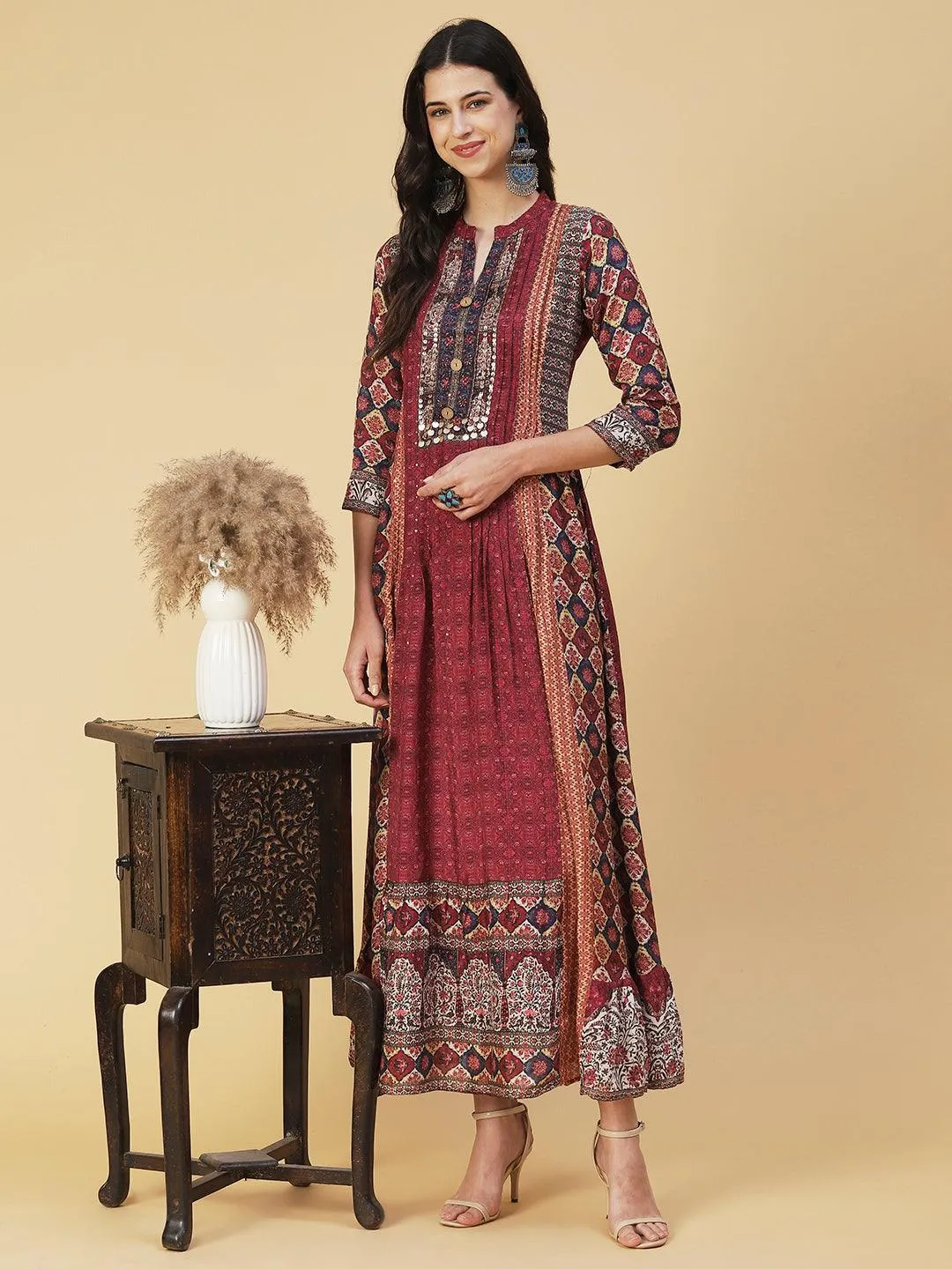 Ethnic Floral Printed & Embroidered A-Line Maxi Dress - Multi