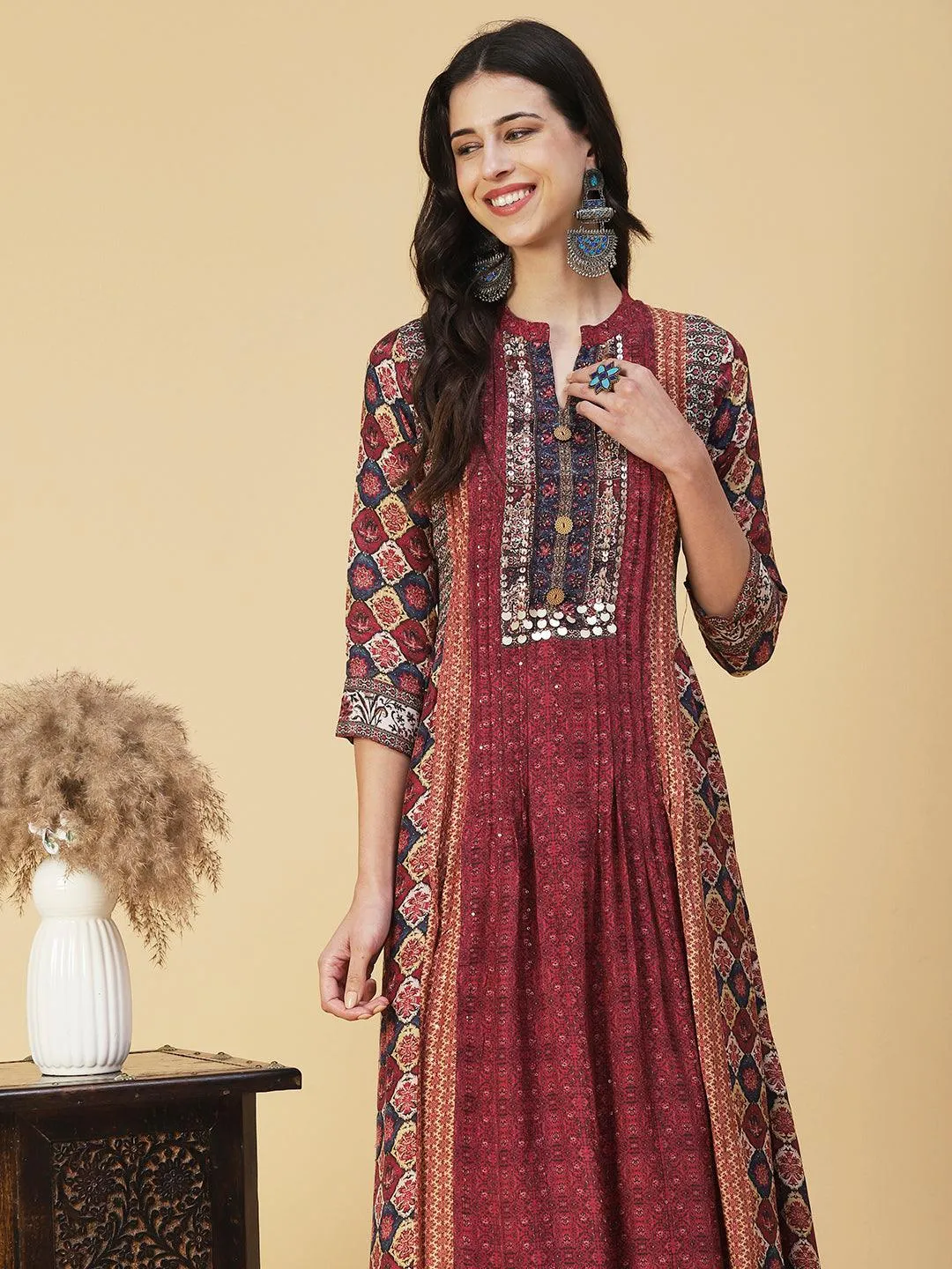 Ethnic Floral Printed & Embroidered A-Line Maxi Dress - Multi