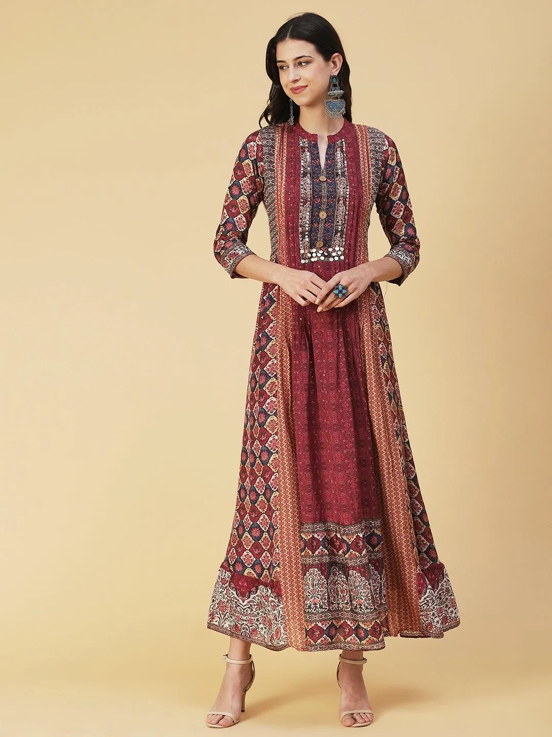 Ethnic Floral Printed & Embroidered A-Line Maxi Dress - Multi