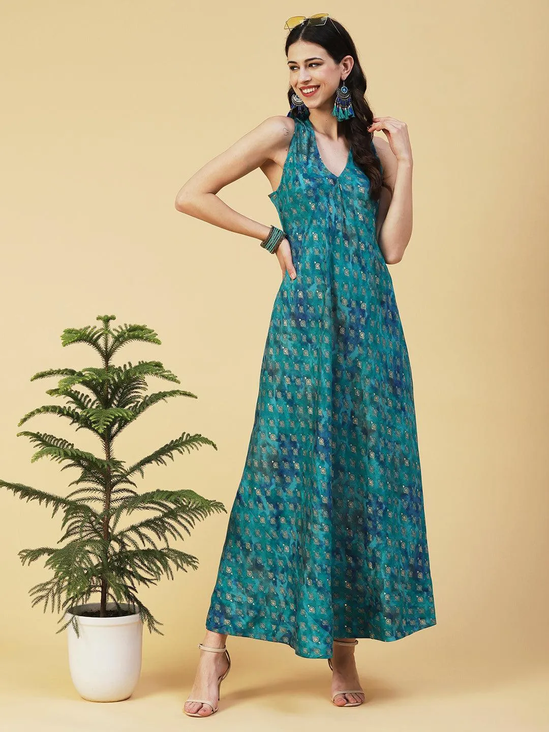 Ethnic Foil Printed A-line Flared Maxi Dress - Turquoise Blue