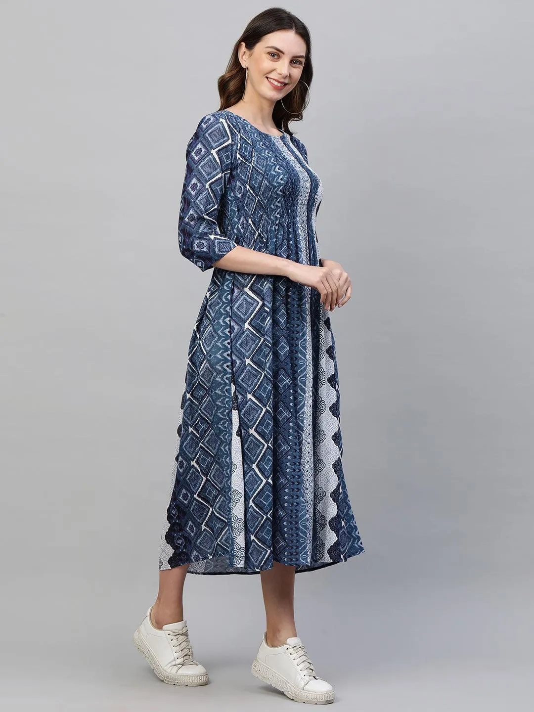 Ethnic Mix Printed Flared Maxi Dress - Indigo Blue