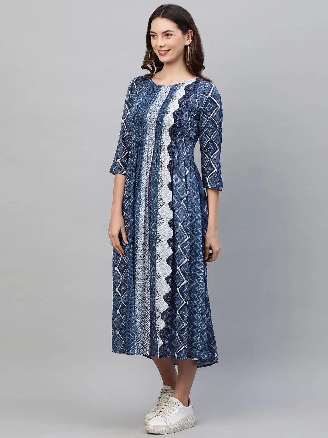 Ethnic Mix Printed Flared Maxi Dress - Indigo Blue