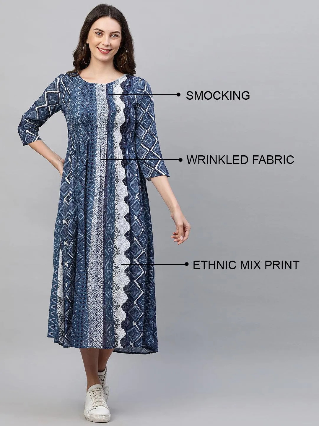 Ethnic Mix Printed Flared Maxi Dress - Indigo Blue