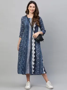 Ethnic Mix Printed Flared Maxi Dress - Indigo Blue