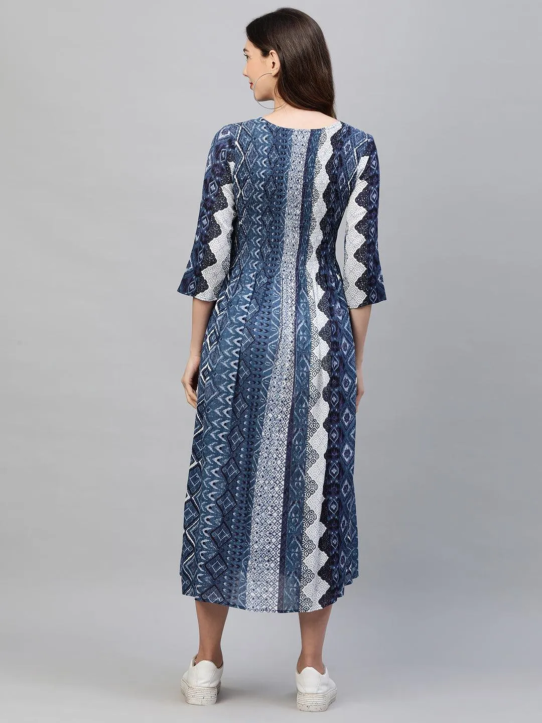 Ethnic Mix Printed Flared Maxi Dress - Indigo Blue