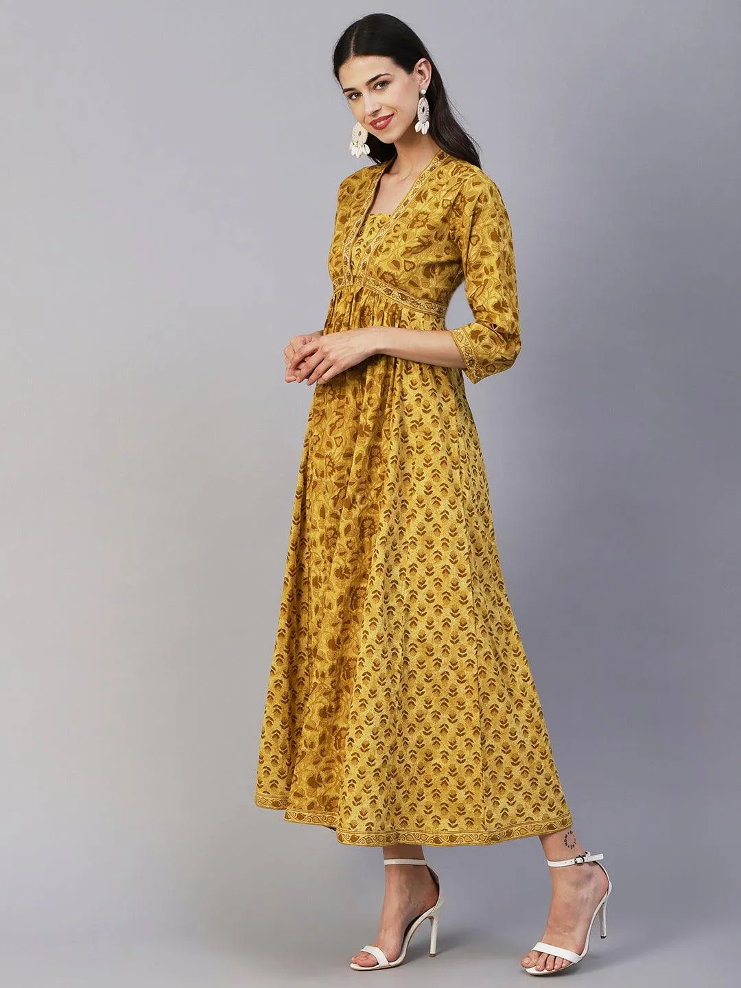 Ethnic Printed & Embroidered A-Line Gathered Maxi Dress - Mustard