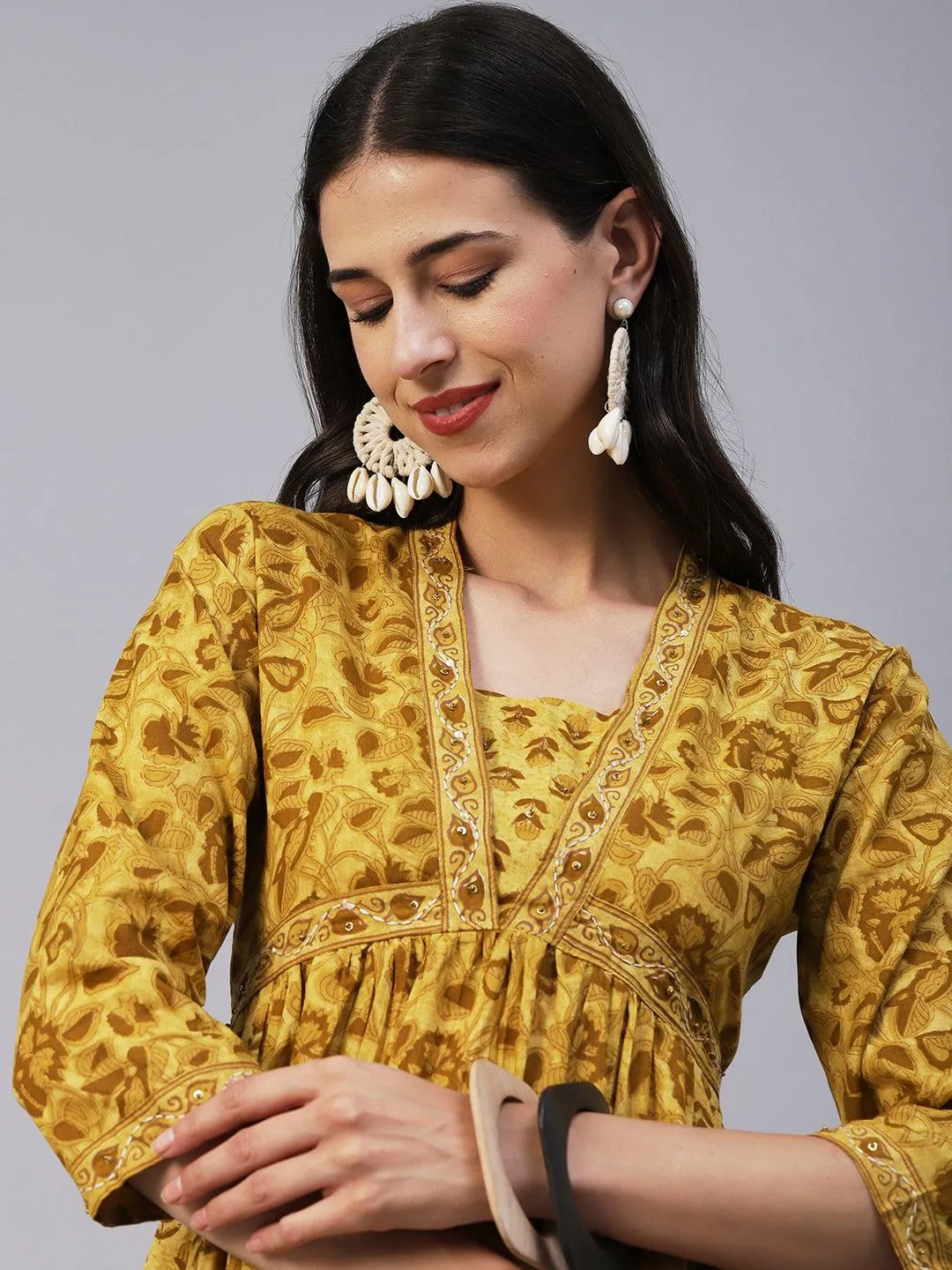 Ethnic Printed & Embroidered A-Line Gathered Maxi Dress - Mustard