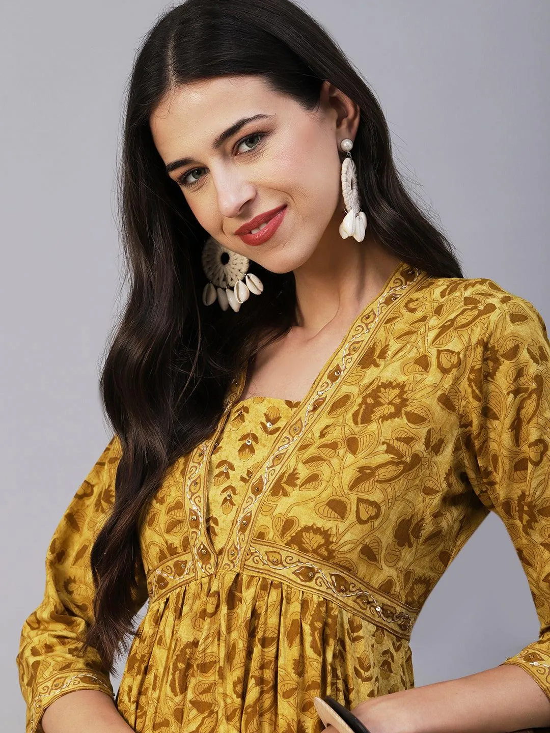 Ethnic Printed & Embroidered A-Line Gathered Maxi Dress - Mustard