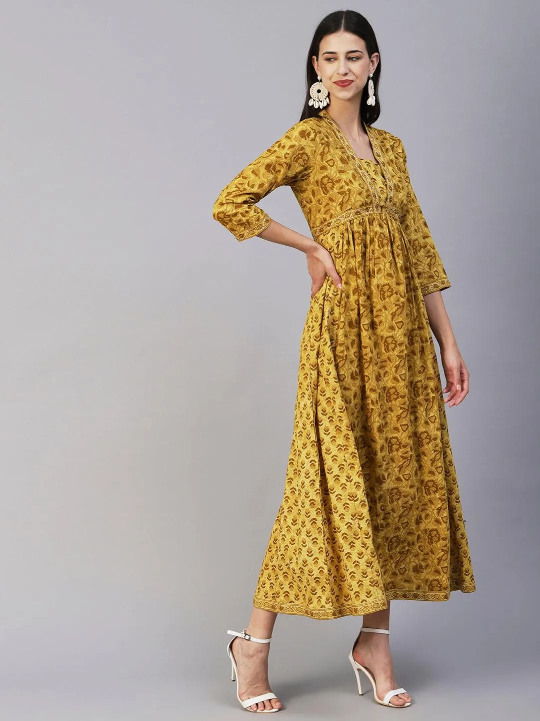 Ethnic Printed & Embroidered A-Line Gathered Maxi Dress - Mustard