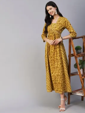 Ethnic Printed & Embroidered A-Line Gathered Maxi Dress - Mustard