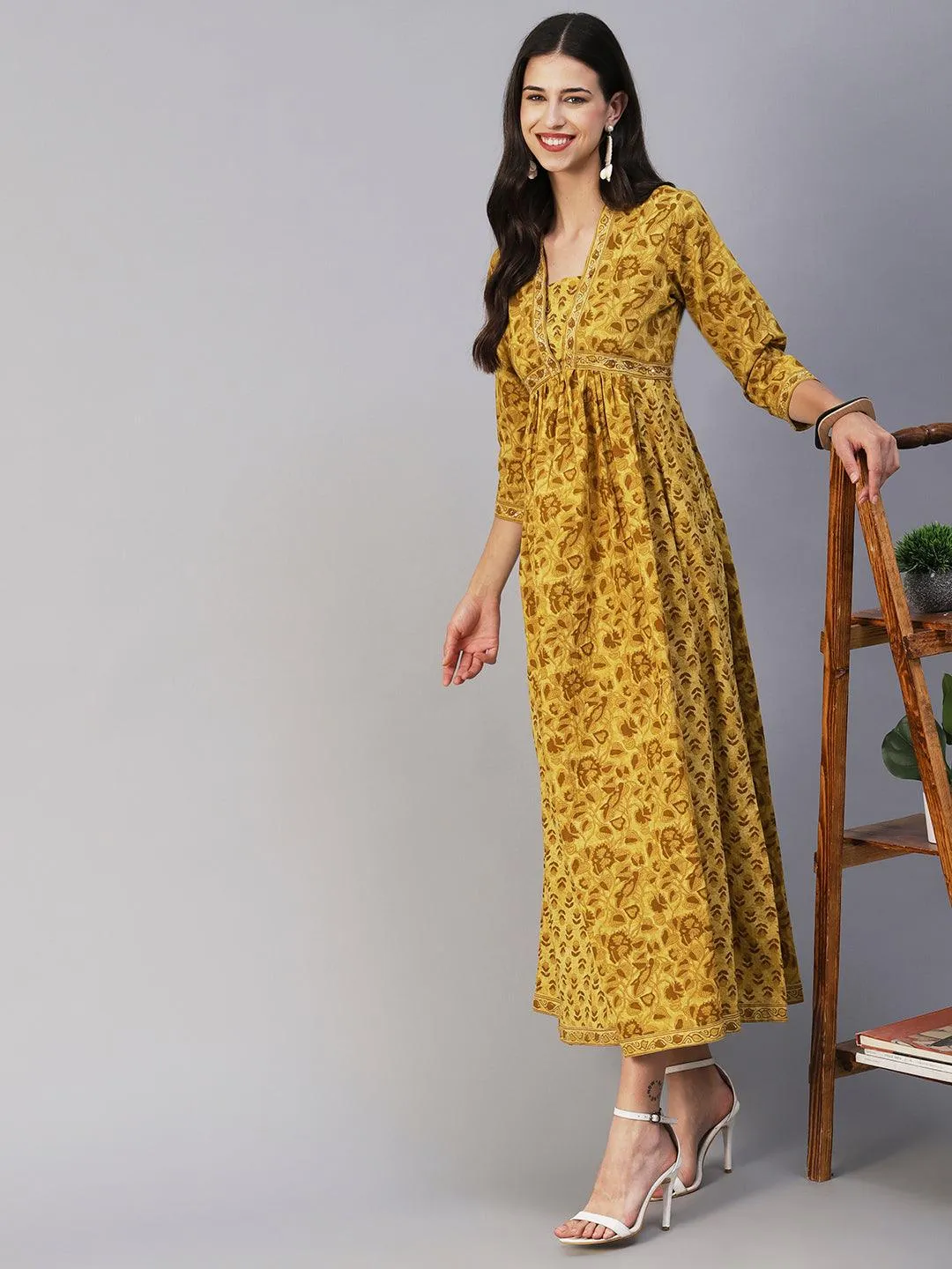 Ethnic Printed & Embroidered A-Line Gathered Maxi Dress - Mustard