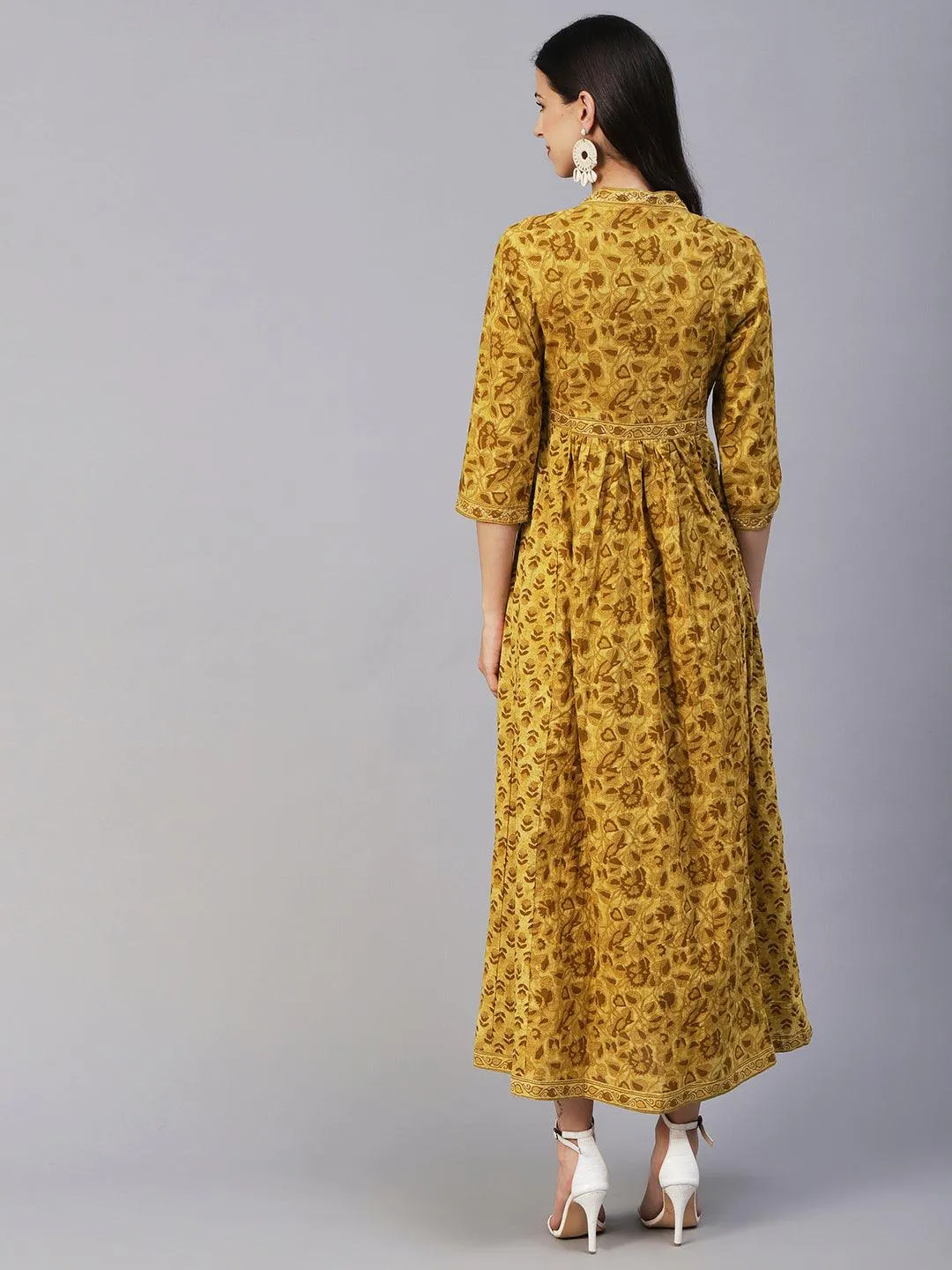 Ethnic Printed & Embroidered A-Line Gathered Maxi Dress - Mustard