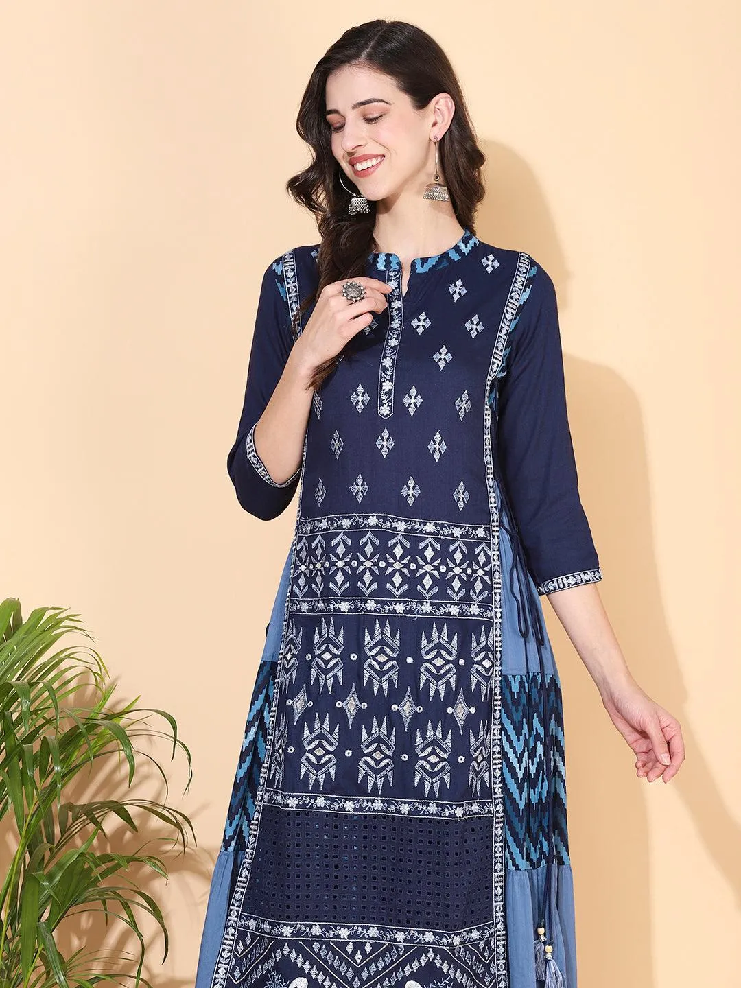 Ethnic Printed & Embroidered Tiered Flared Maxi Dress - Blue