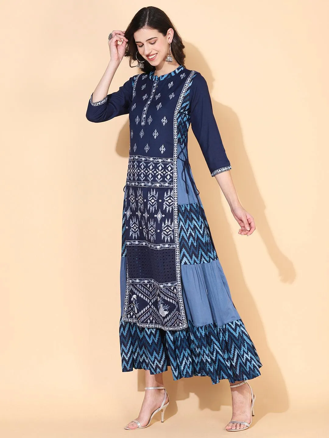 Ethnic Printed & Embroidered Tiered Flared Maxi Dress - Blue