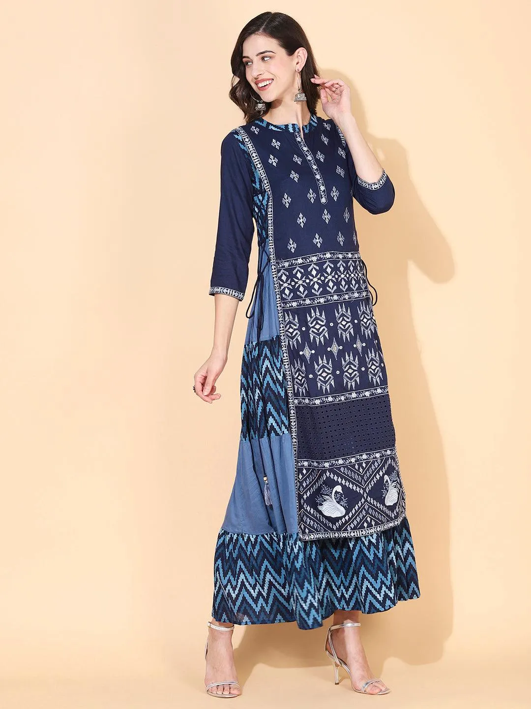 Ethnic Printed & Embroidered Tiered Flared Maxi Dress - Blue