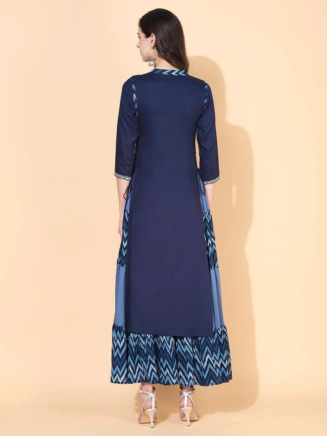 Ethnic Printed & Embroidered Tiered Flared Maxi Dress - Blue