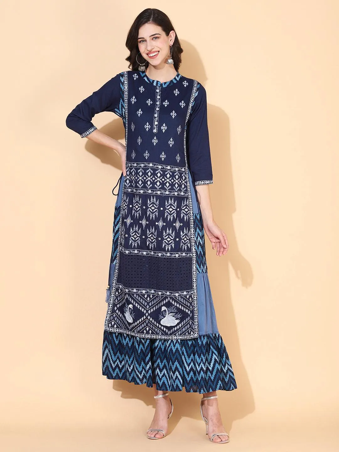 Ethnic Printed & Embroidered Tiered Flared Maxi Dress - Blue