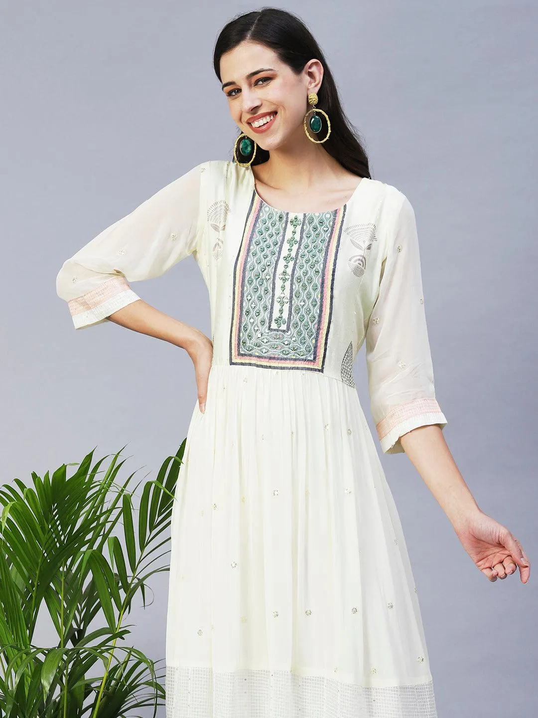 Ethnic Printed & Embroidered Tiered Flared Maxi Dress - Cream