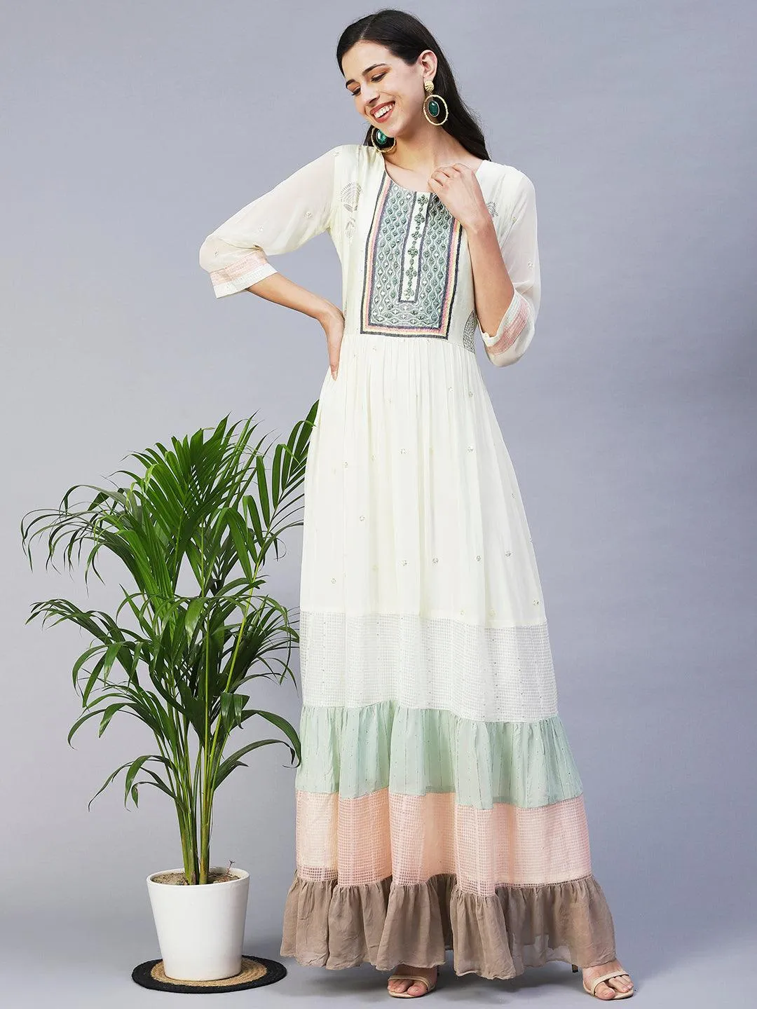 Ethnic Printed & Embroidered Tiered Flared Maxi Dress - Cream