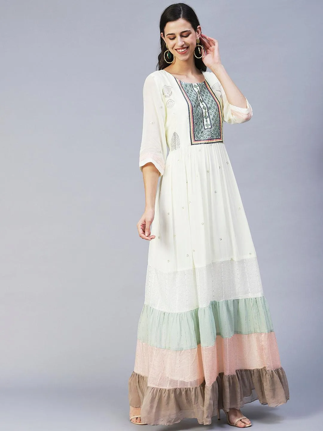 Ethnic Printed & Embroidered Tiered Flared Maxi Dress - Cream