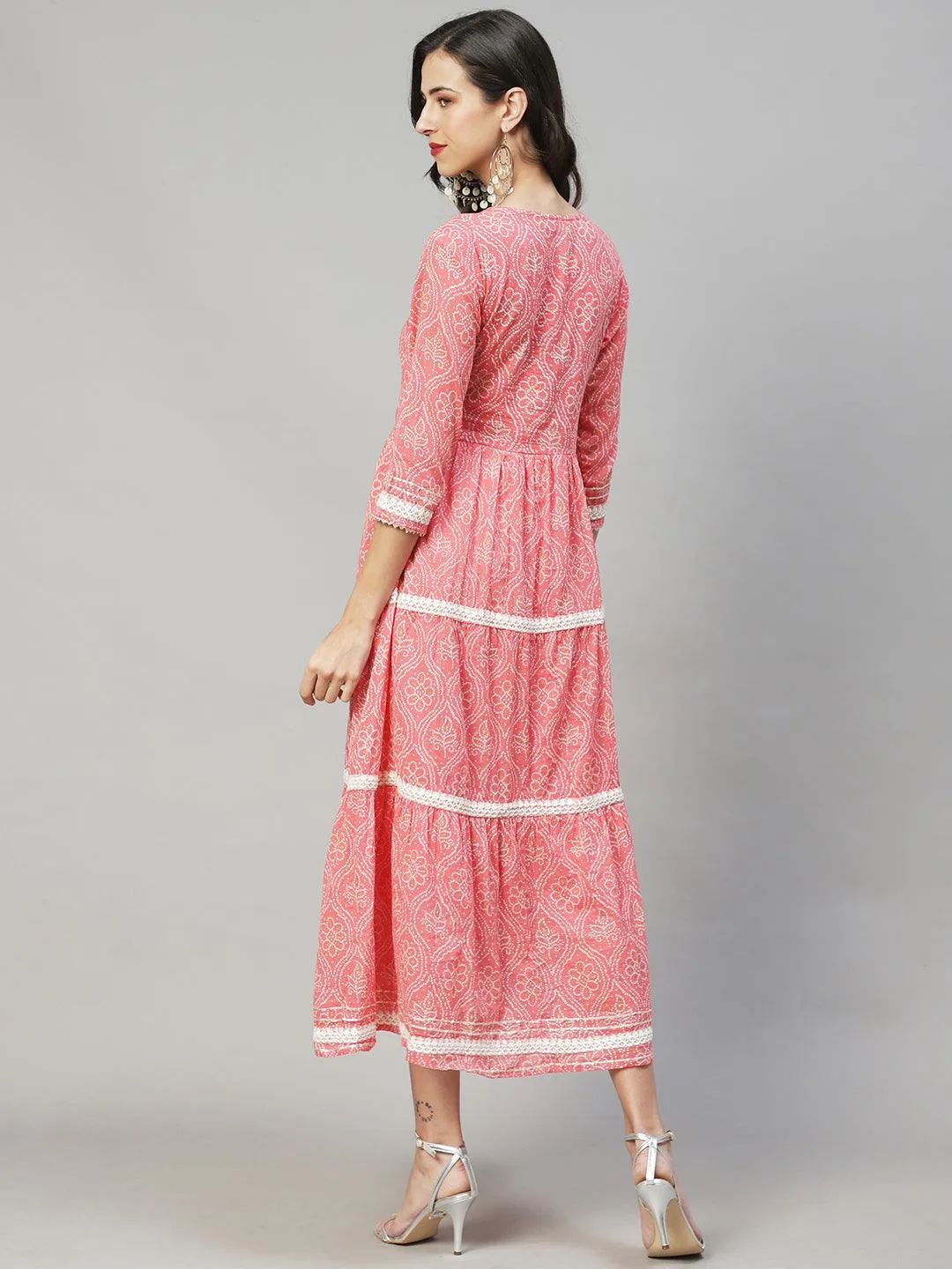 Ethnic Printed & Embroidered Tiered Flared Maxi Dress - Pink