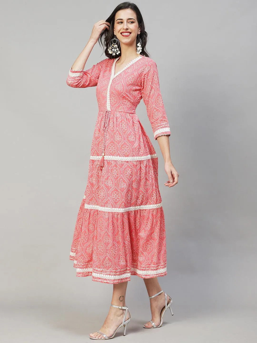 Ethnic Printed & Embroidered Tiered Flared Maxi Dress - Pink