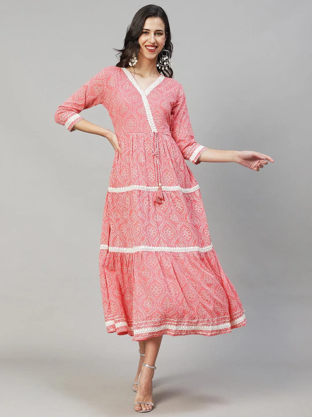 Ethnic Printed & Embroidered Tiered Flared Maxi Dress - Pink