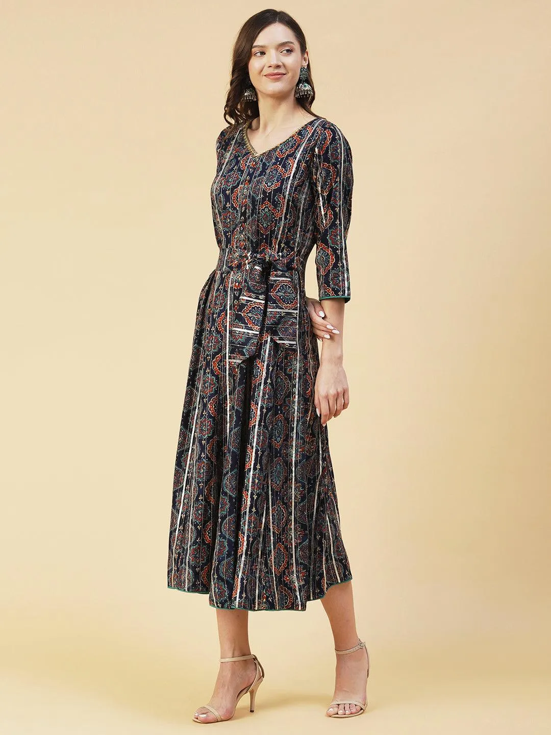 Ethnic Printed Zari Embroidered With Attached Waist Belt Maxi Dress - Navy Blue