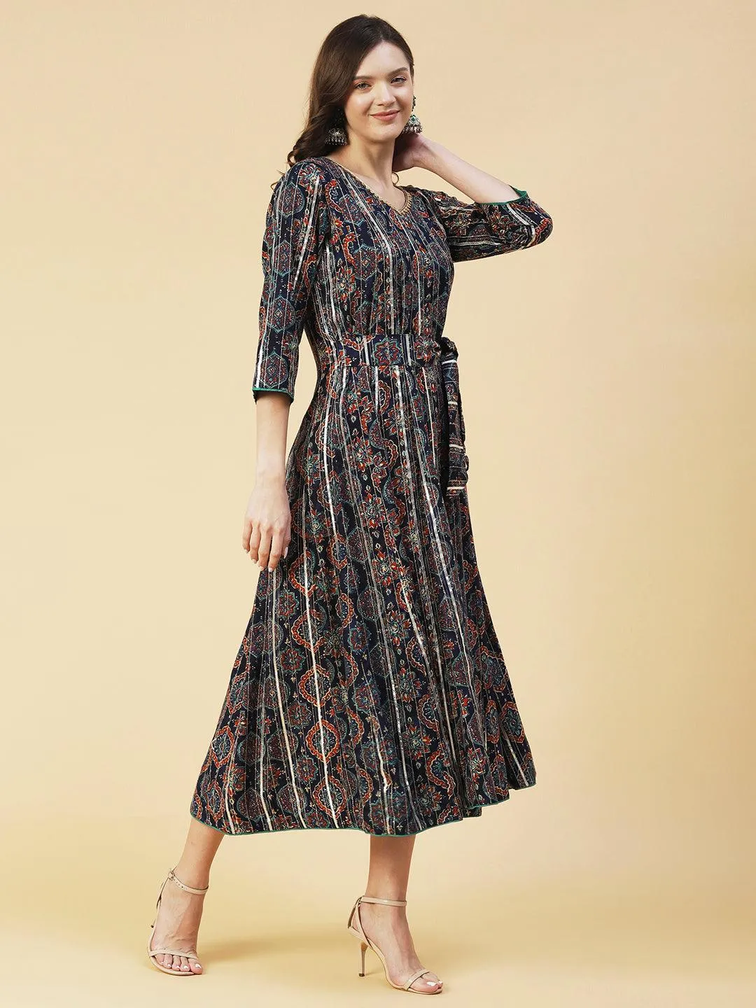 Ethnic Printed Zari Embroidered With Attached Waist Belt Maxi Dress - Navy Blue