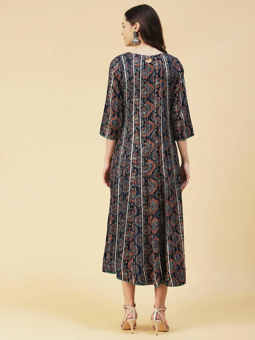 Ethnic Printed Zari Embroidered With Attached Waist Belt Maxi Dress - Navy Blue