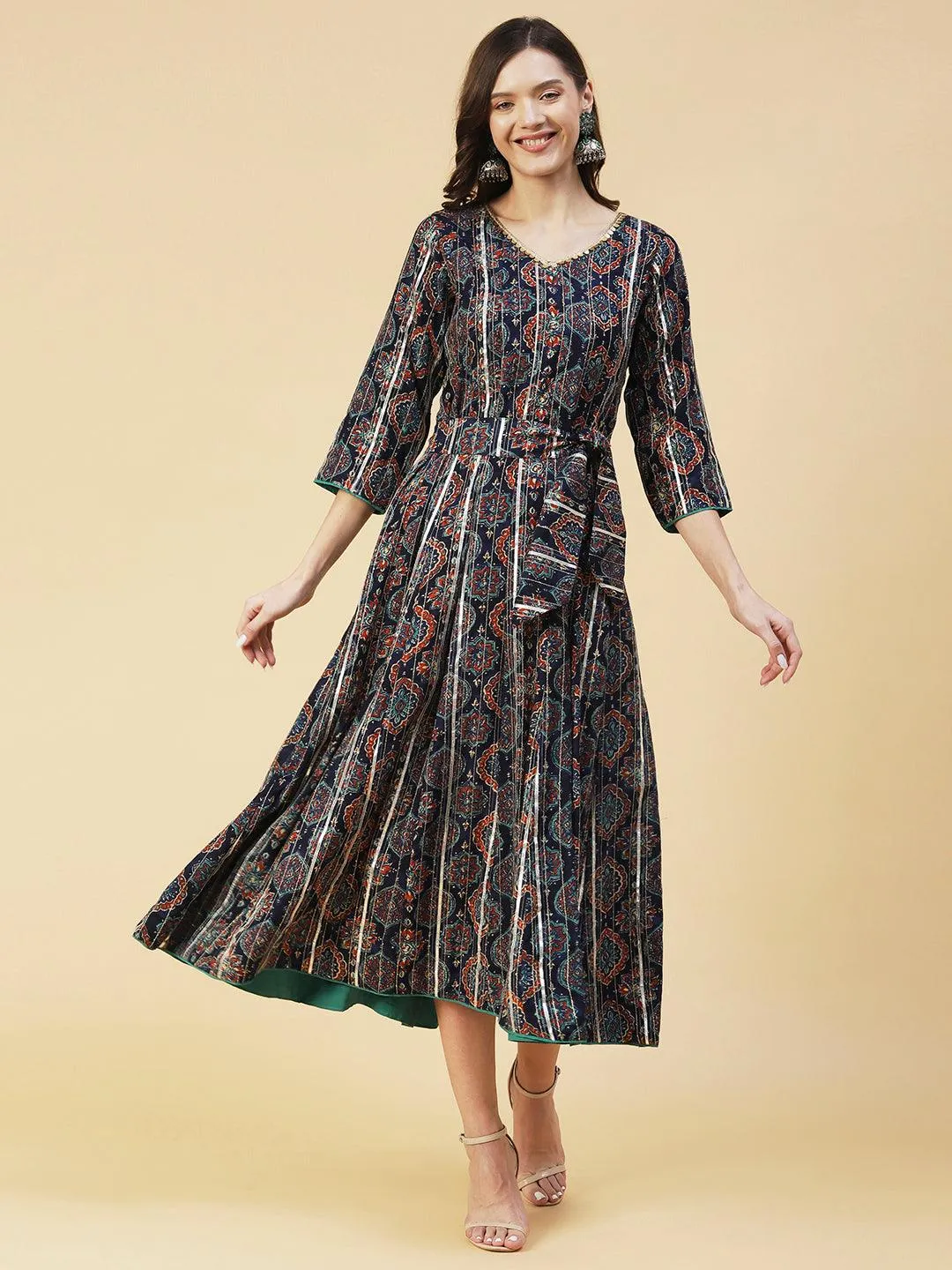 Ethnic Printed Zari Embroidered With Attached Waist Belt Maxi Dress - Navy Blue