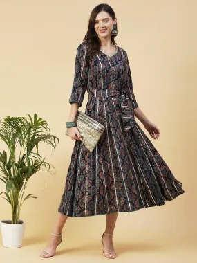 Ethnic Printed Zari Embroidered With Attached Waist Belt Maxi Dress - Navy Blue