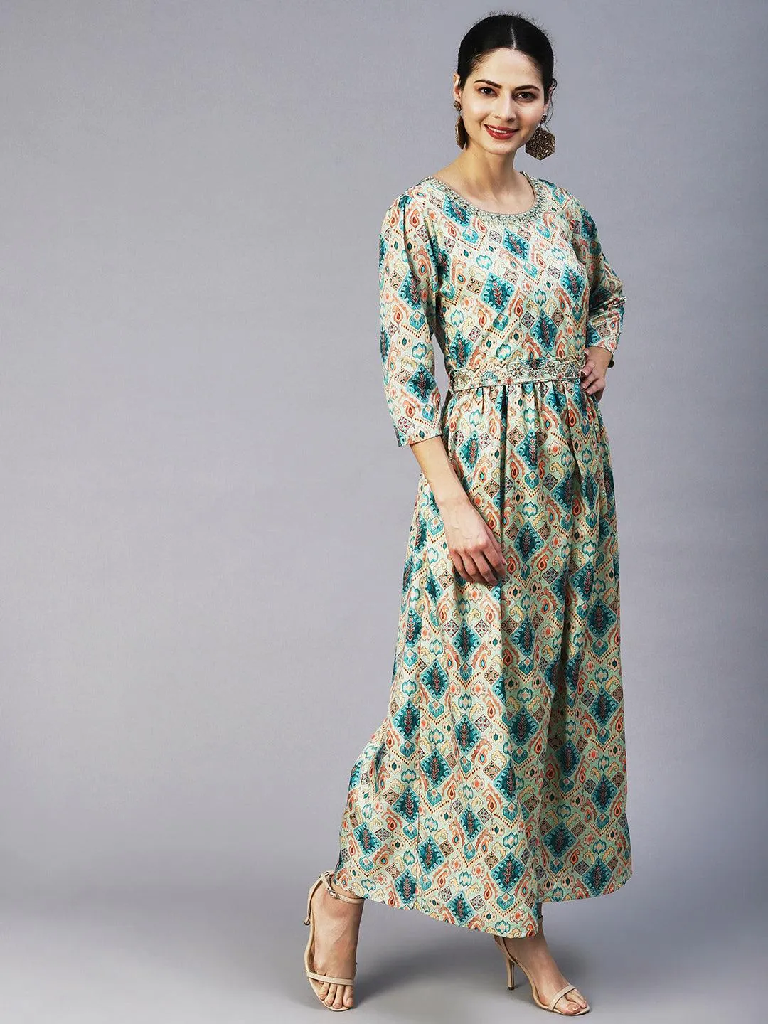 Ethnic Tribal Printed & Hand Embroidered A-Line Maxi Dress - Green