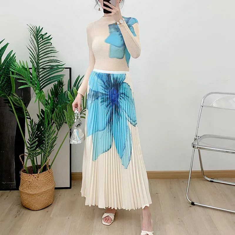 Fashionkova urban legends dress to impress Pleated Fashion Suit Women's Slimming 2024 Spring and Summer Corn Grain Printed T-shirt High Waist Cross-Body Skirt Two-Piece Set