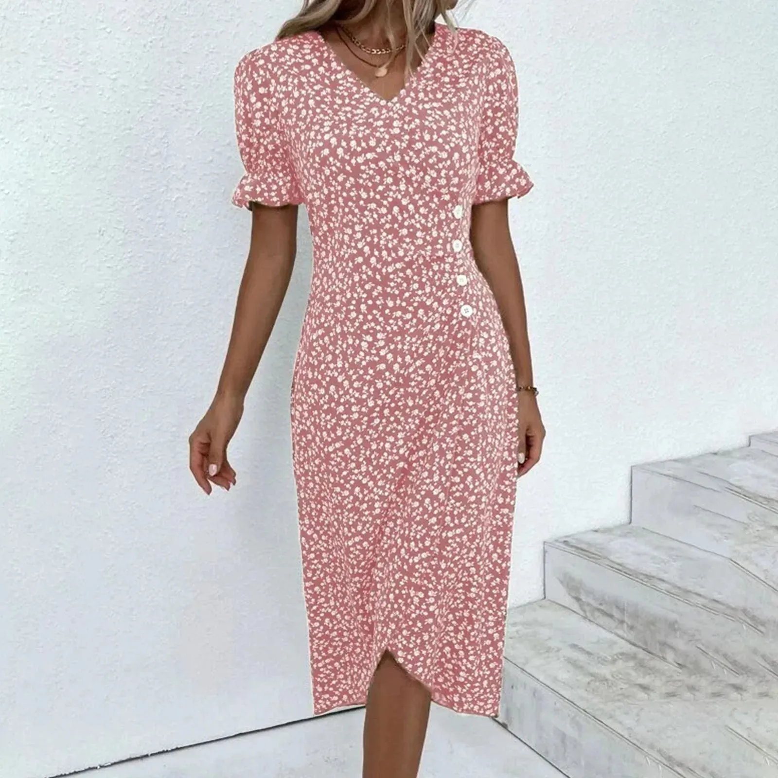 Fit Midi Bodycon Summer Slim V Floral Ruched Sexy Sleeve Long Neck Dress