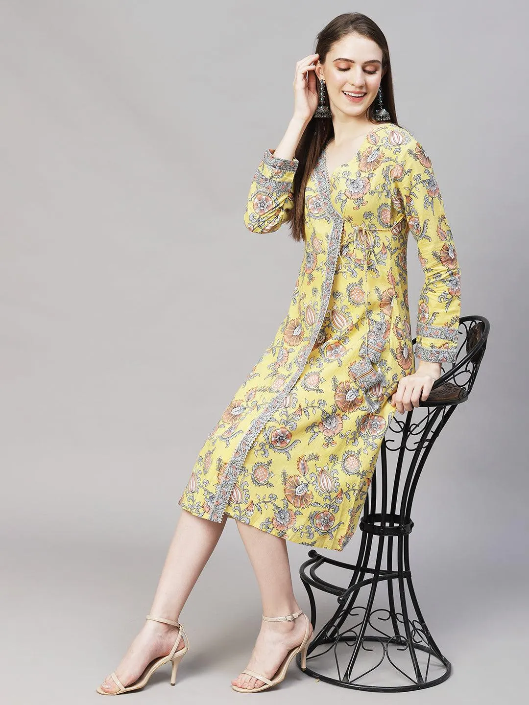 Floral Printed Angrakha A-Line Midi Dress - Light Yellow